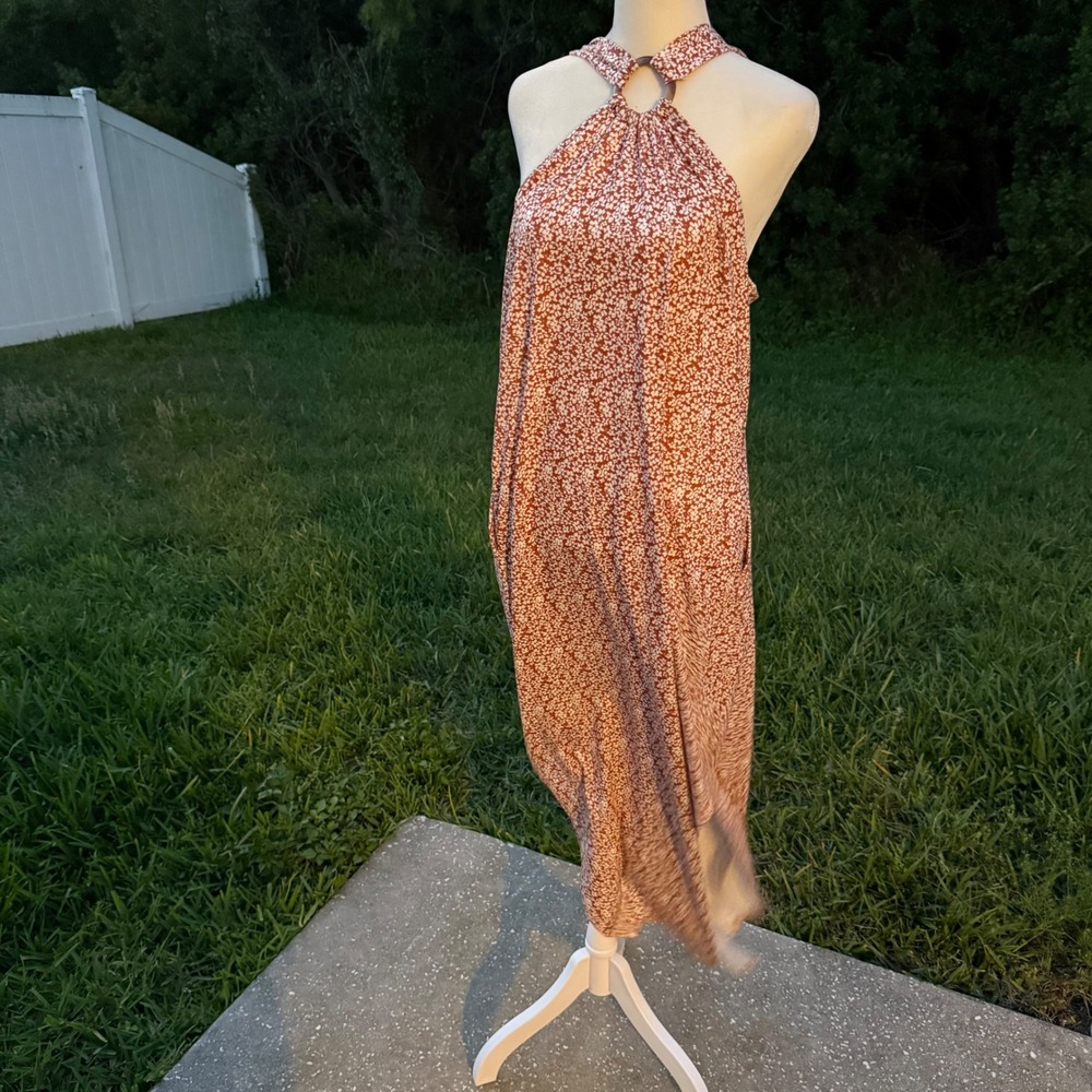 Earthy Cottagecore Maxi Dress Womens M Rust Floral O-Ring Boho